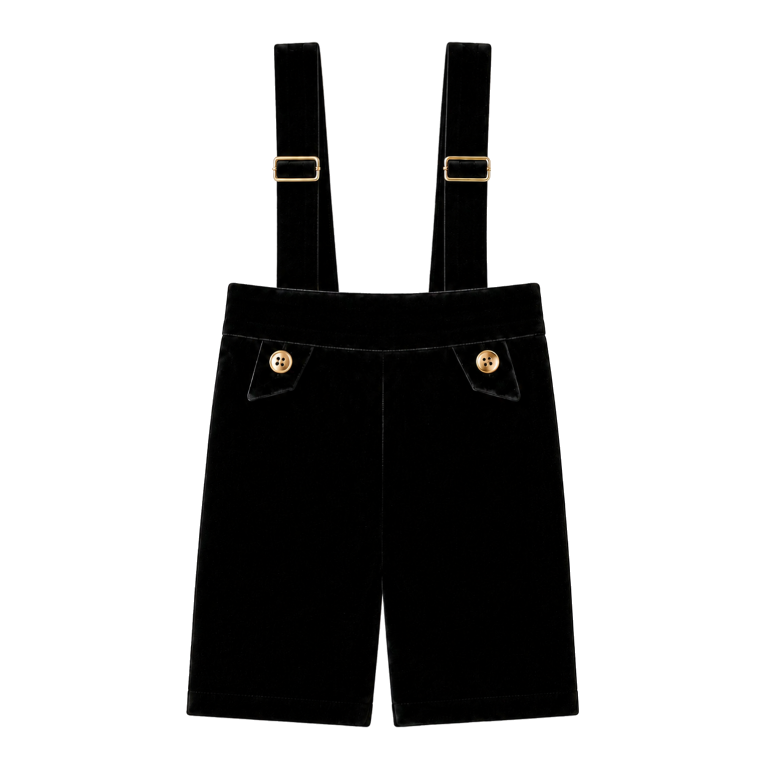 Forme flatlay of the black velvet romper with gold accents on white