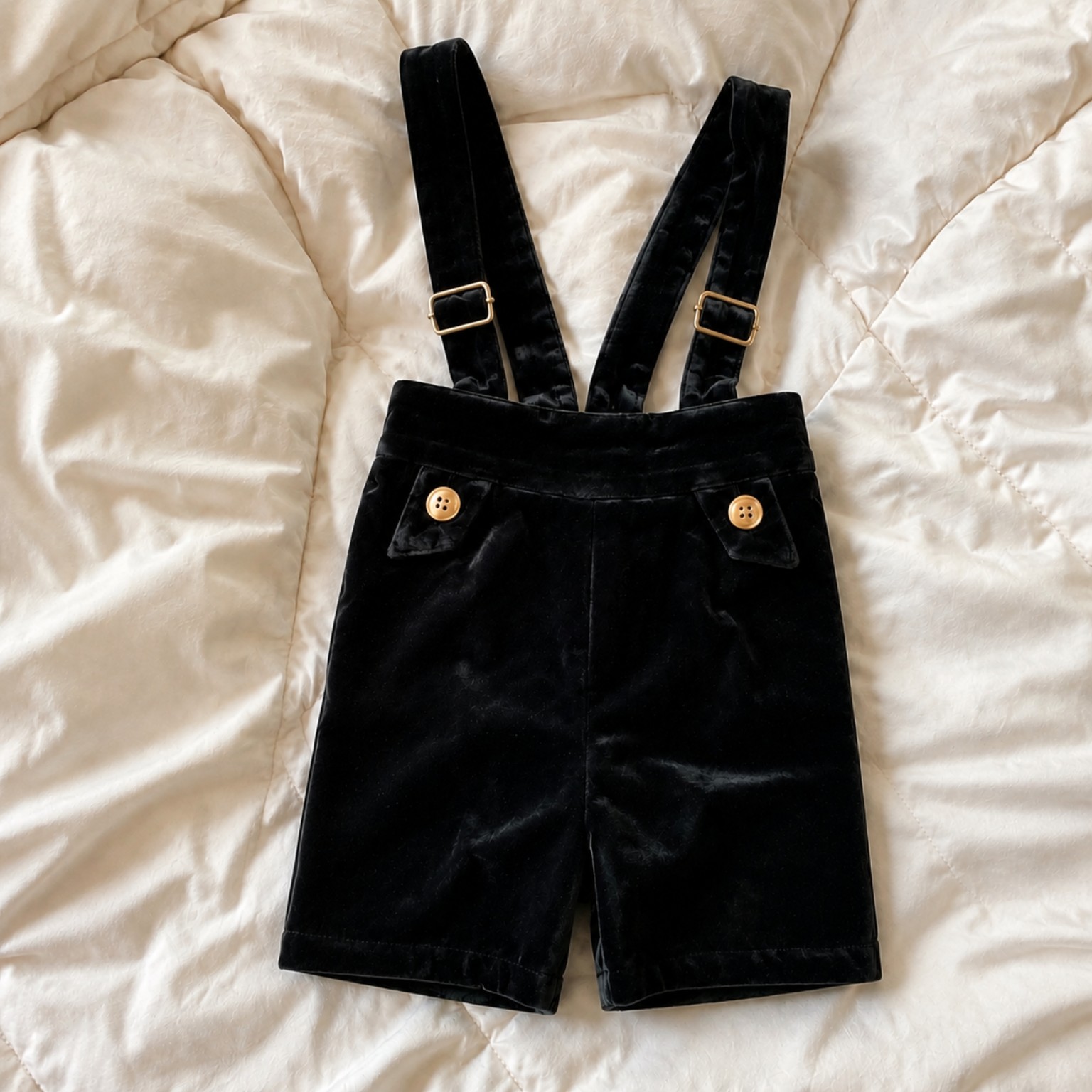 Customer photo of a black velvet romper on an ivory duvet
