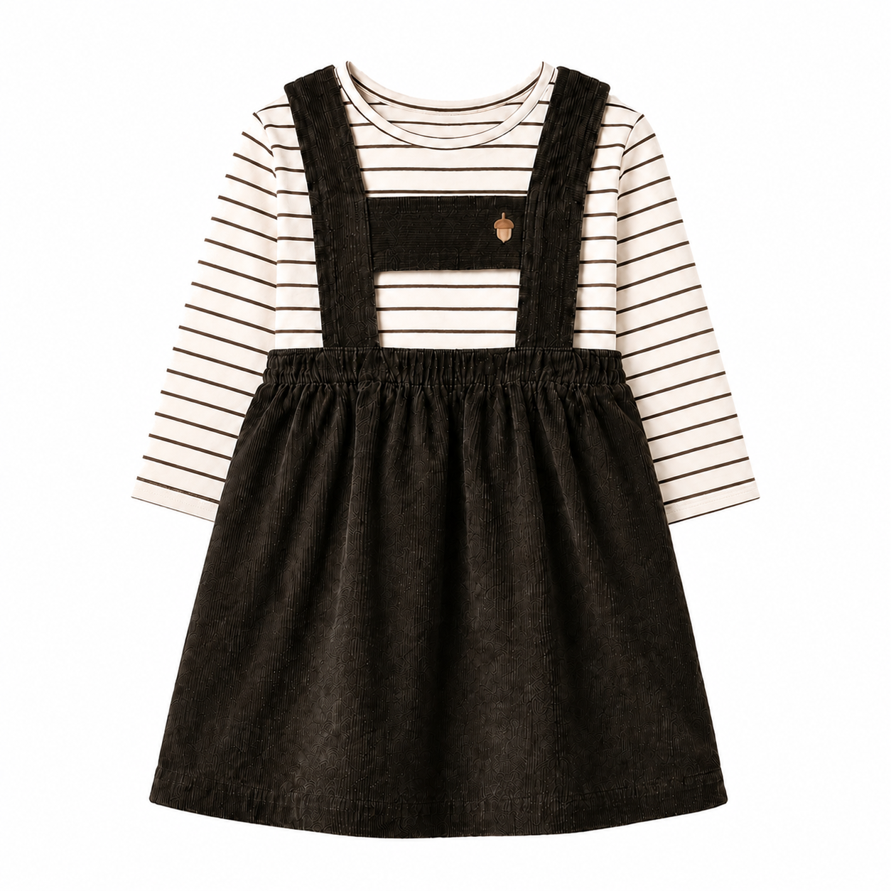 Forme flatlay of the dark jumper styled over the striped shirt