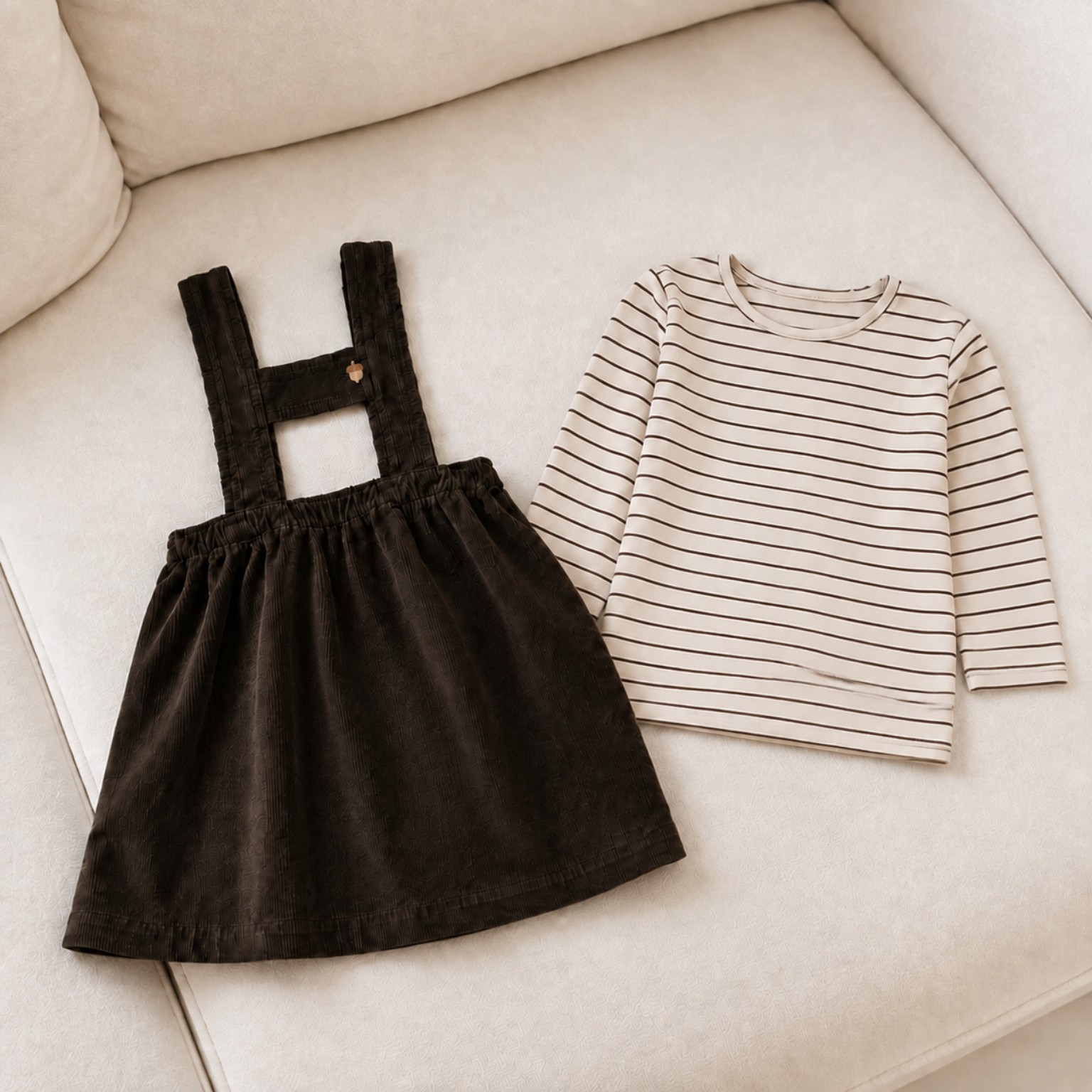 Customer photo of a dark jumper and striped shirt laid separately on an ivory sofa