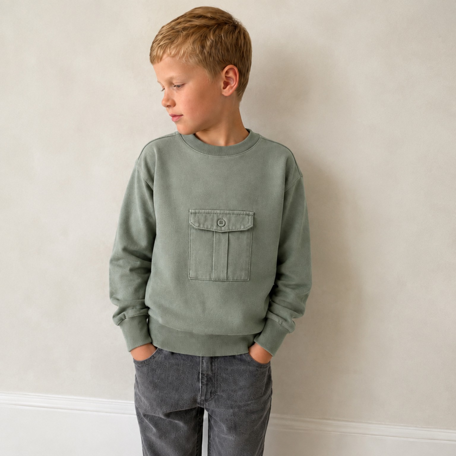 Customer-style photo of a boy wearing a sage pocket sweatshirt